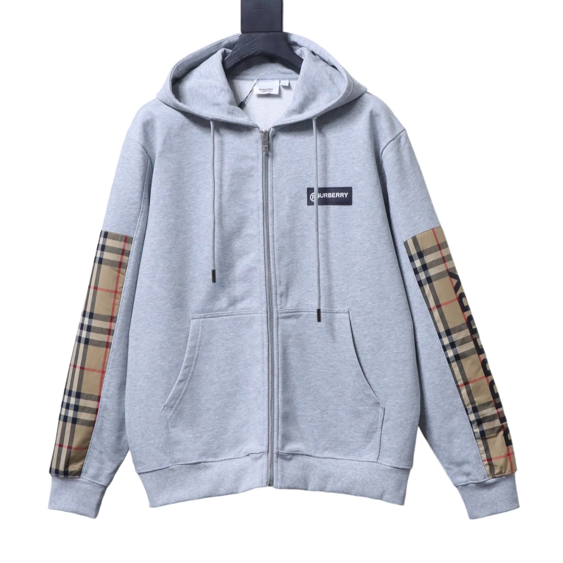 Burberry Zip-Up Hooded Jacket Side Check Print Panel Detai Grey