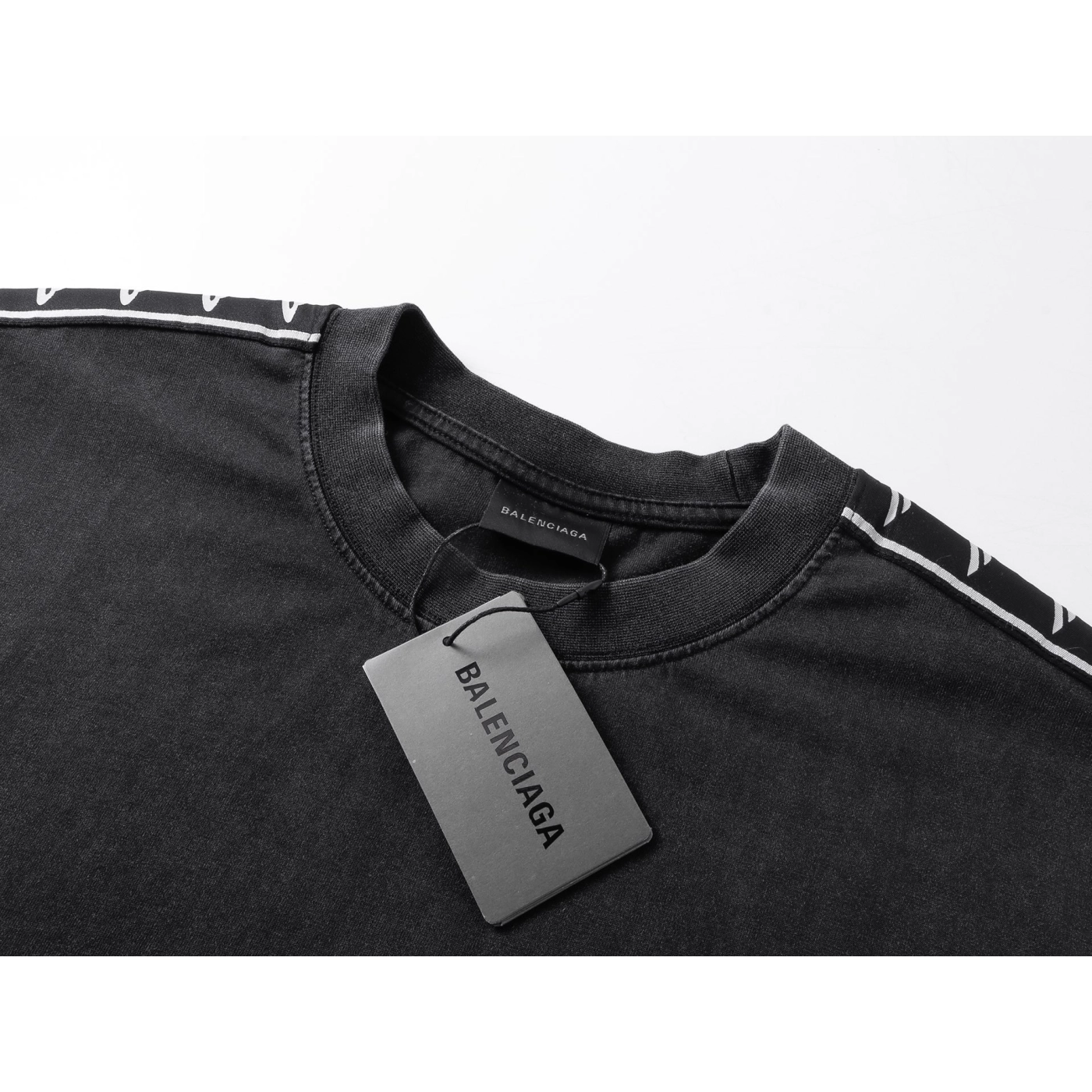 Balenciaga Washed & Distressed T-Shirt With 3B Artistic Webbing Accents Sleeves Black/Grey