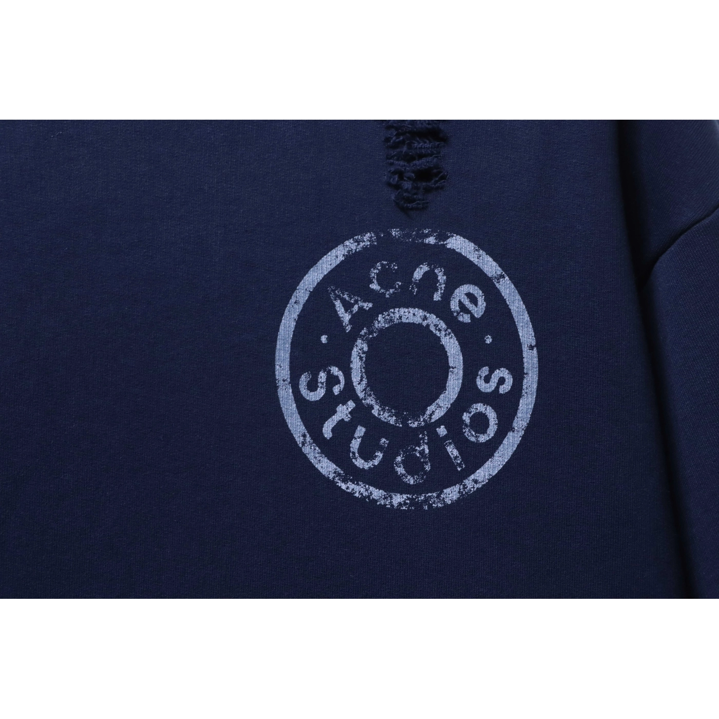 Acne Studios Distressed Crewneck Hoodie with Patch Navy Blue