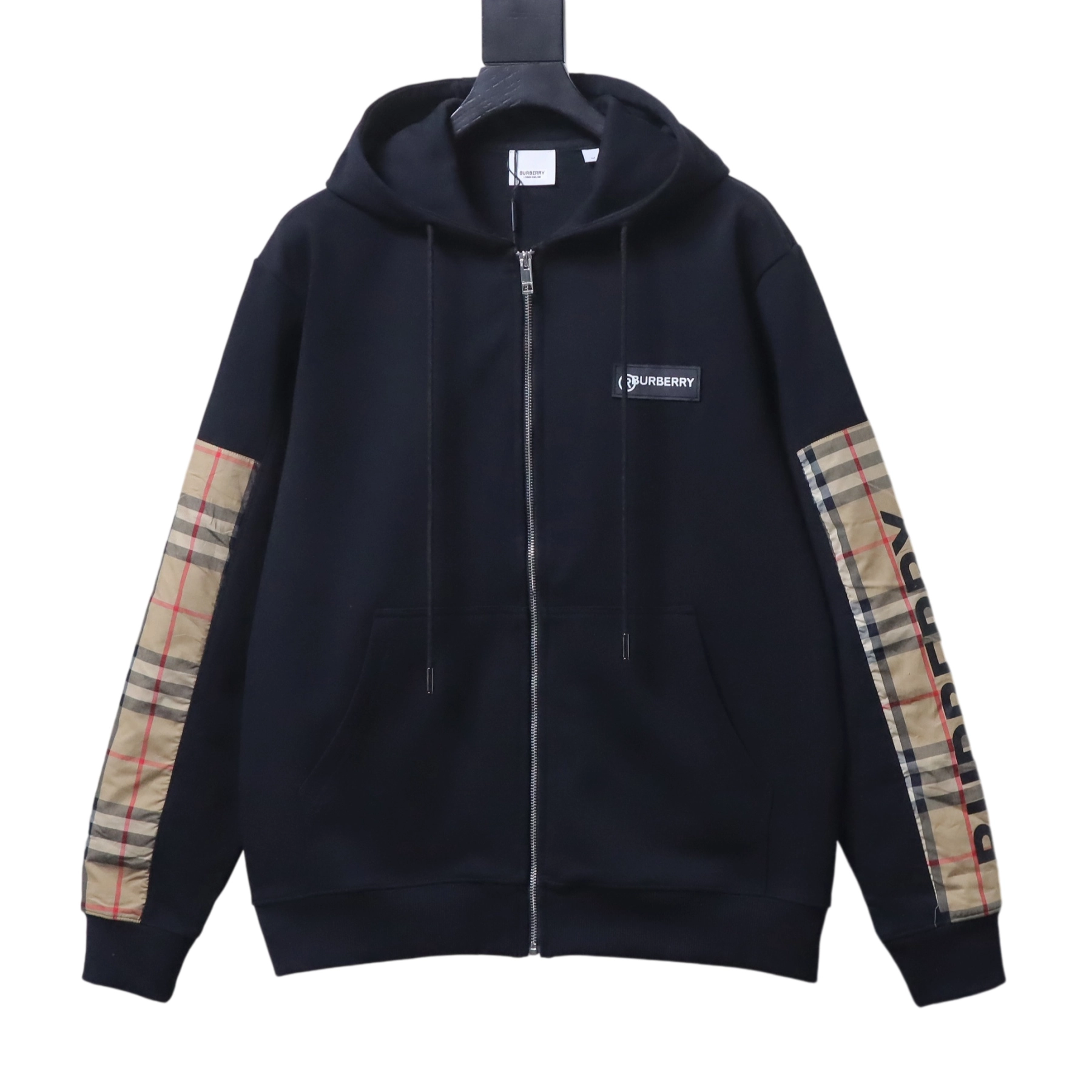 Burberry Zip-Up Hooded Jacket Side Check Print Panel Detai Black
