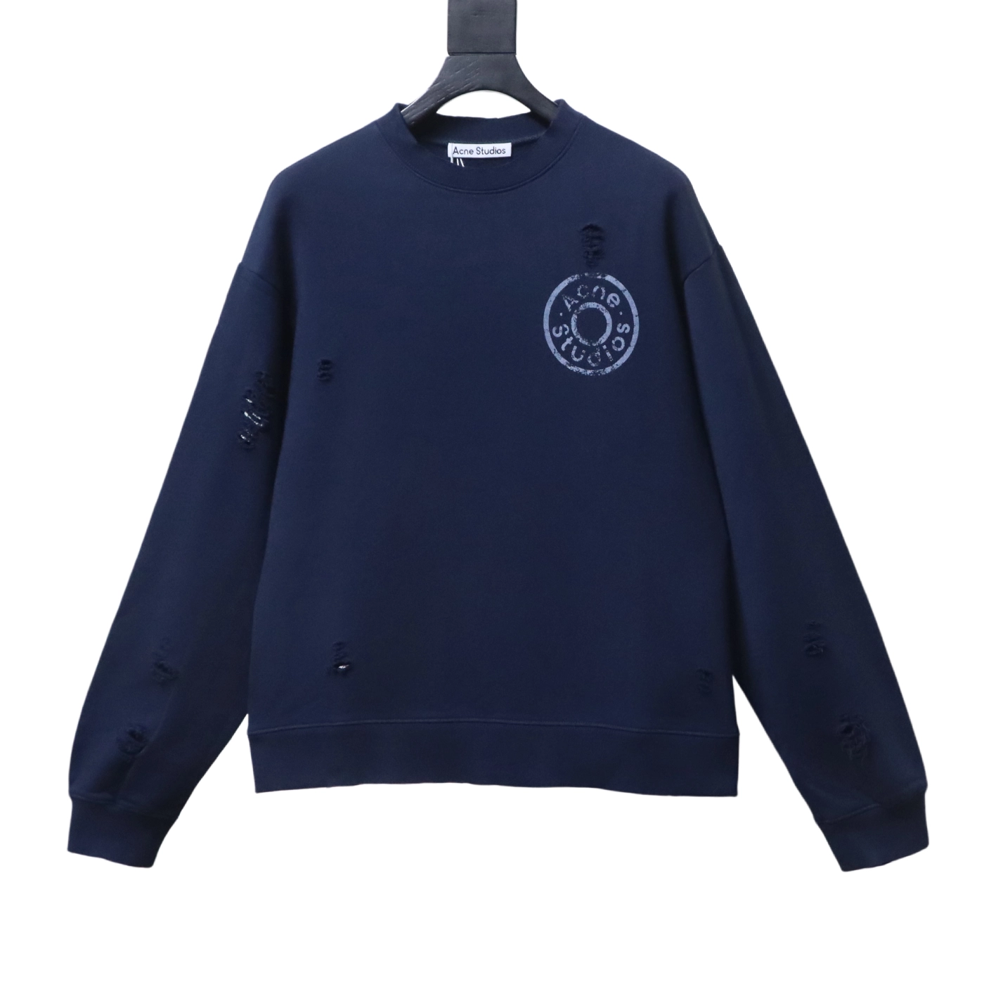 Acne Studios Distressed Crewneck Hoodie with Patch Navy Blue
