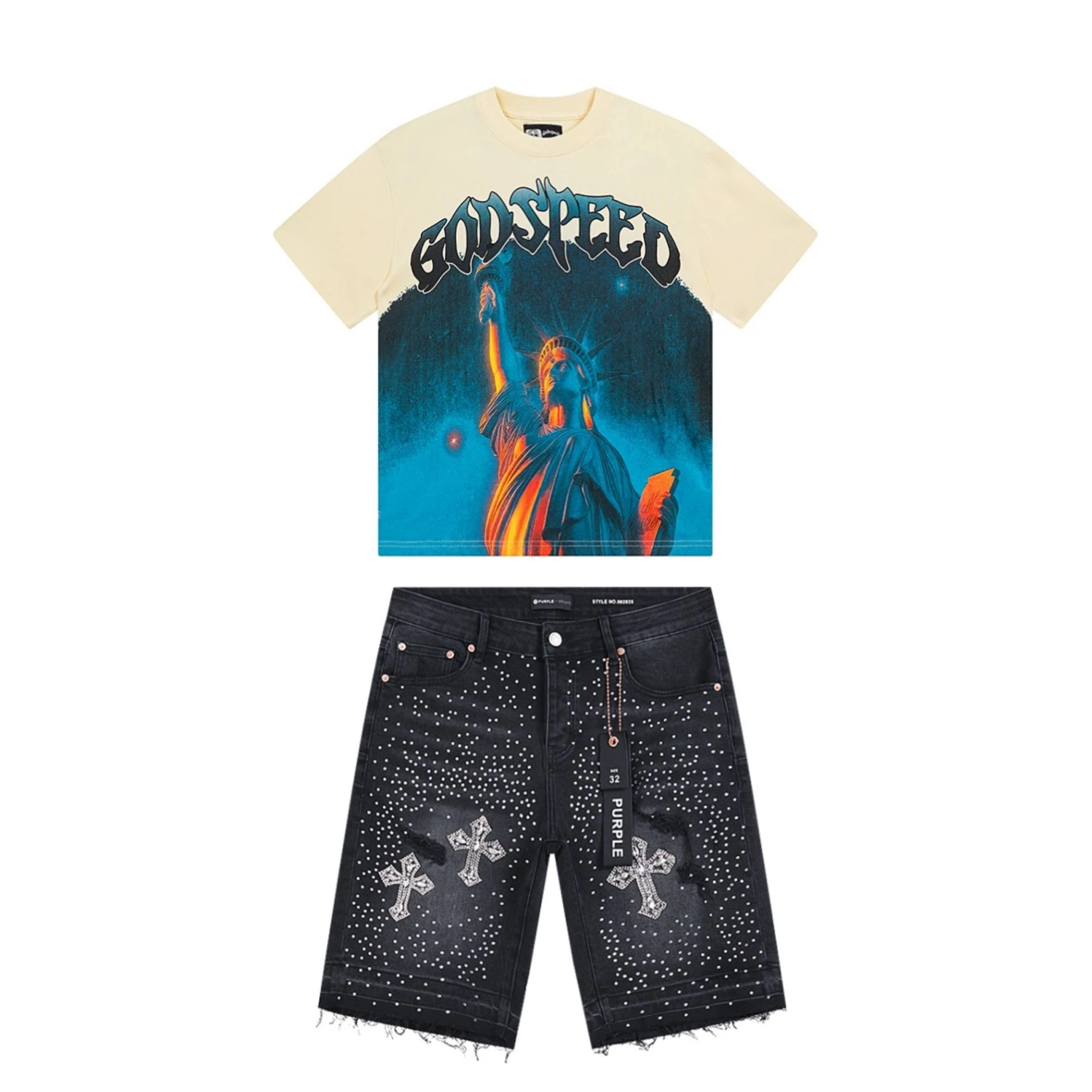 Purple Brand Jeans Denim Shorts +Godspeed T-Shirt Washed White 3133