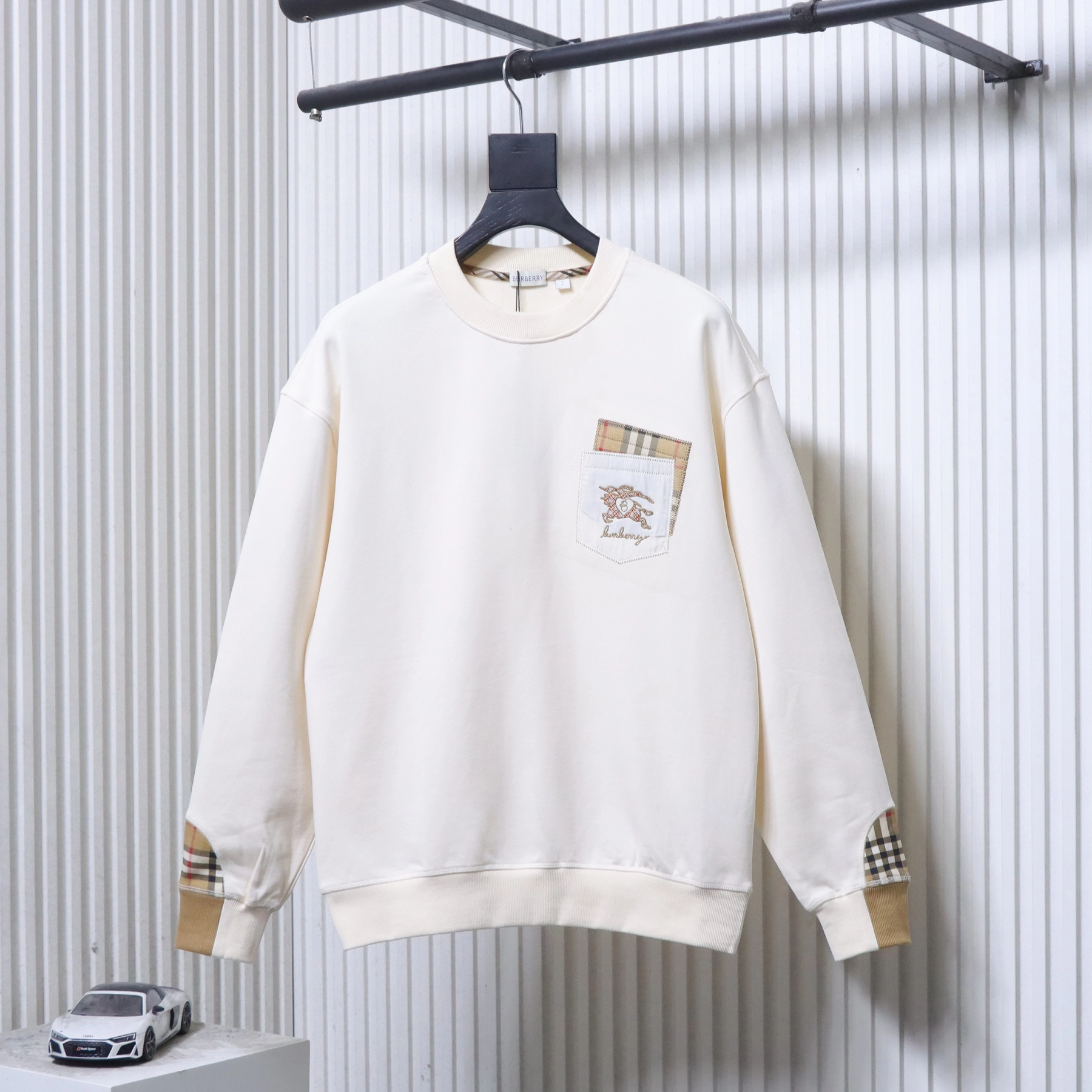Burberry Check-Pocket Crewneck Sweatshirt White