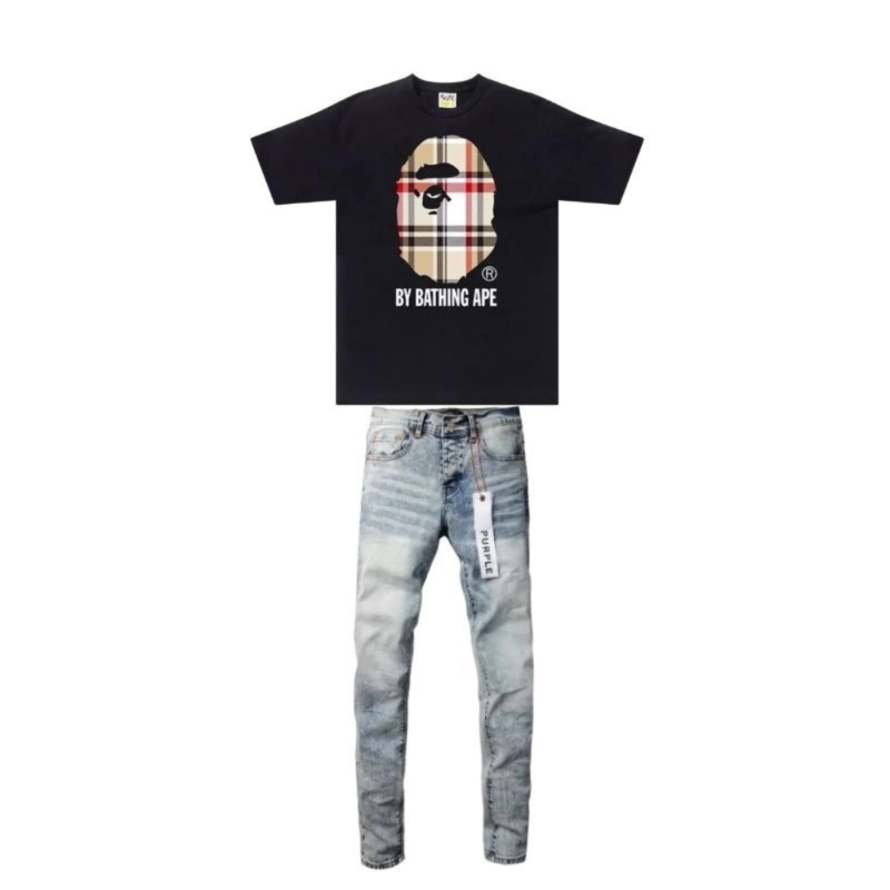 BAPE A Bathing Ape Check by Bathing Tee Black Beige + Purple Brand Fashion Men Jeans