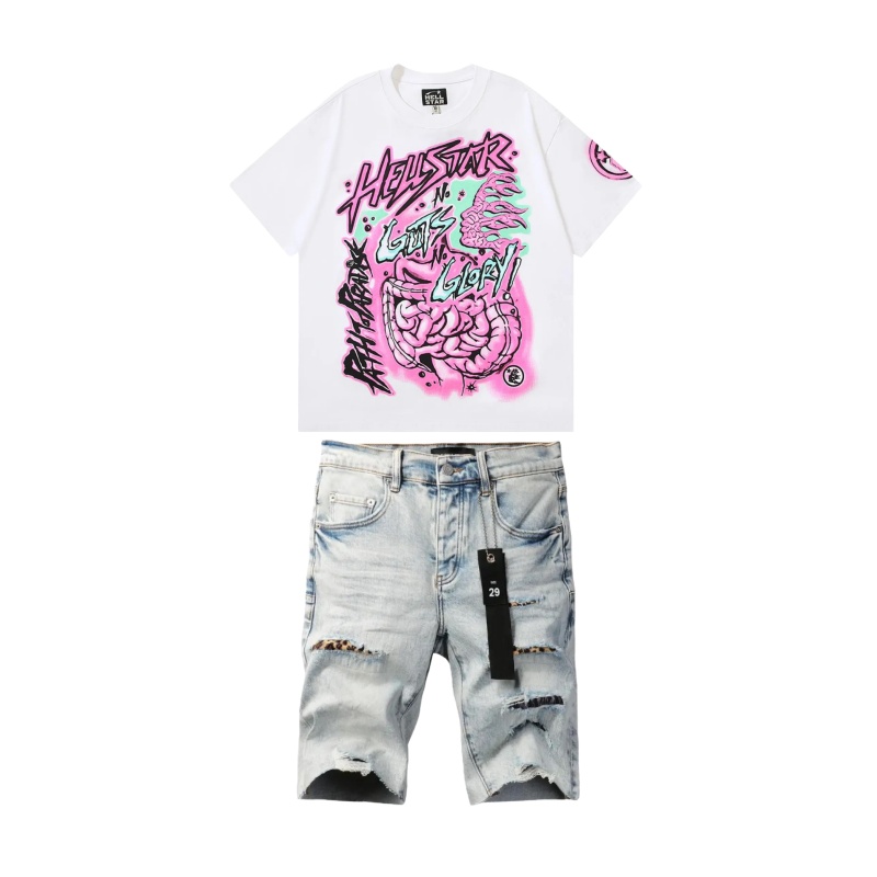 Hellstar No Guts No Glory T-Shirt White + Purple Brand Denim Shorts KB5026