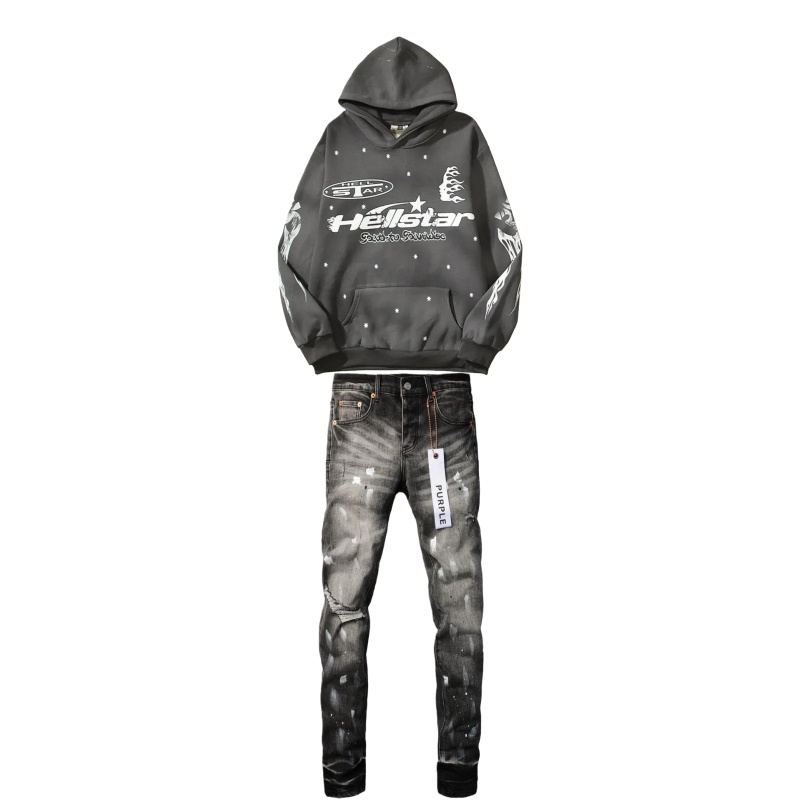 Hellstar Studios Racer Vintage Hoodie + Purple Jeans Gradient Deep Black 014