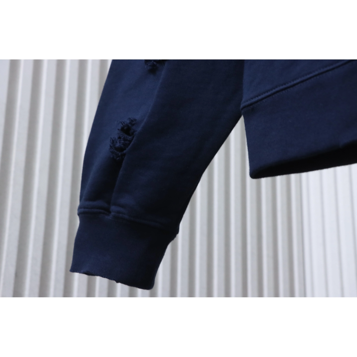 Acne Studios Distressed Crewneck Hoodie with Patch Navy Blue