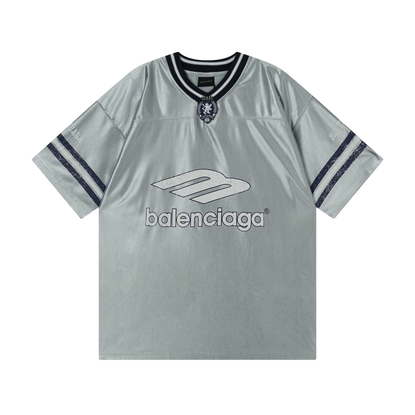 Balenciaga 3B Silhouette Ribbed V-neck Printed T-shirt Black/Blue/Gray
