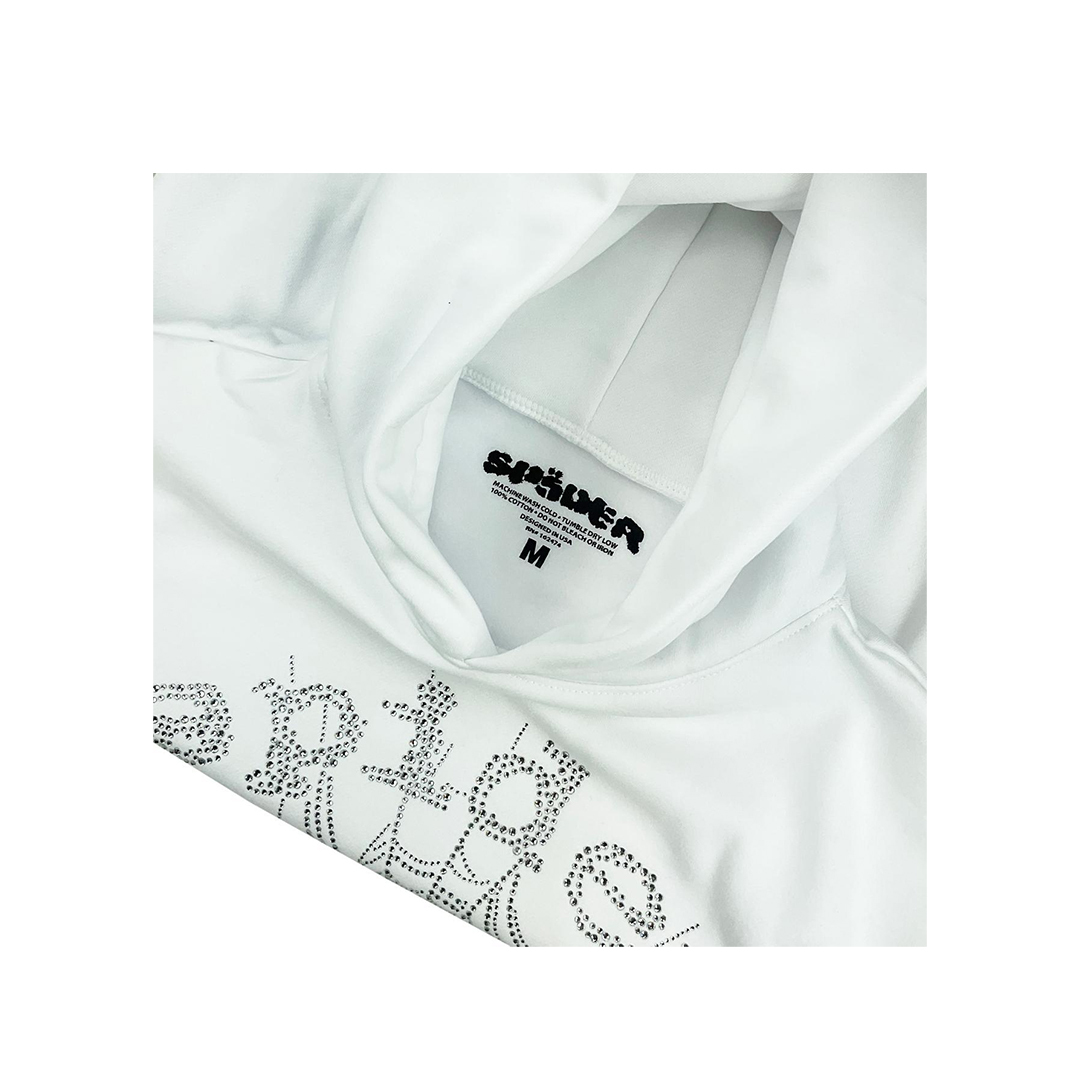 Sp5der OG Rhinestone Logo Hoodie White