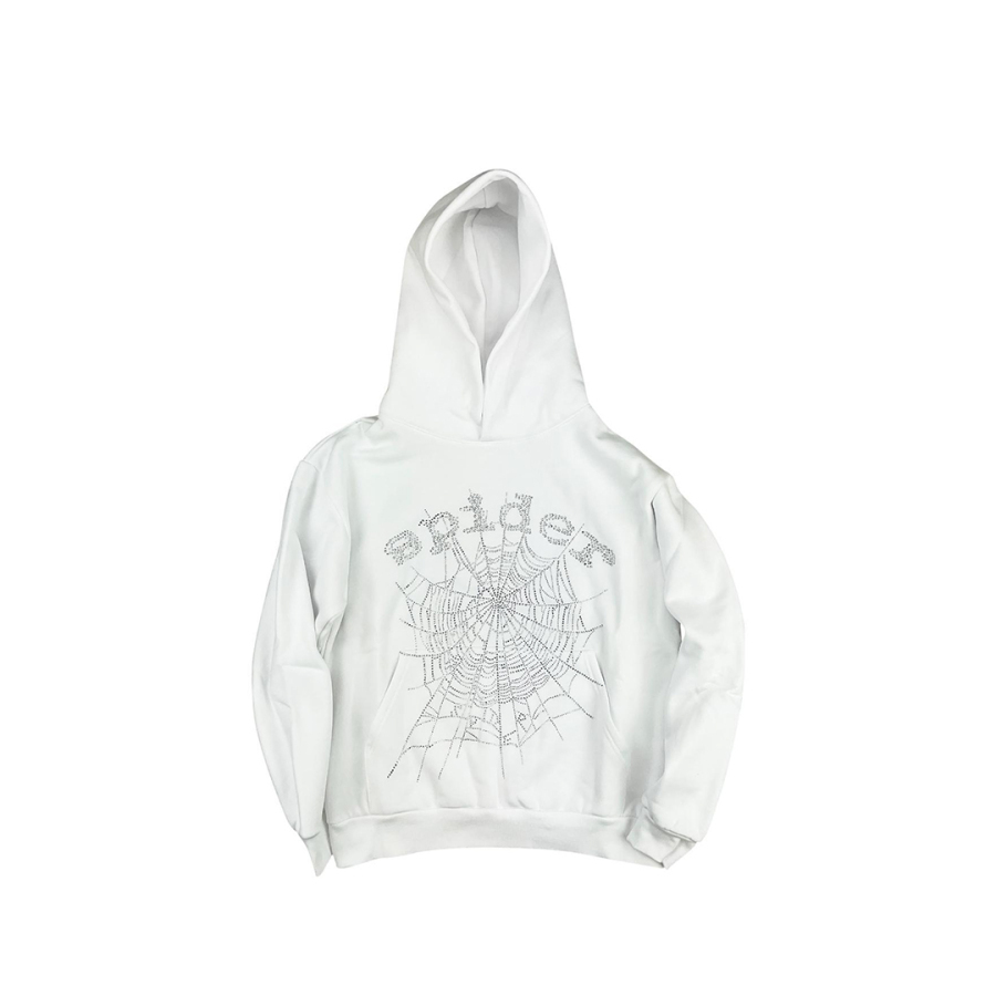 Sp5der OG Rhinestone Logo Hoodie White