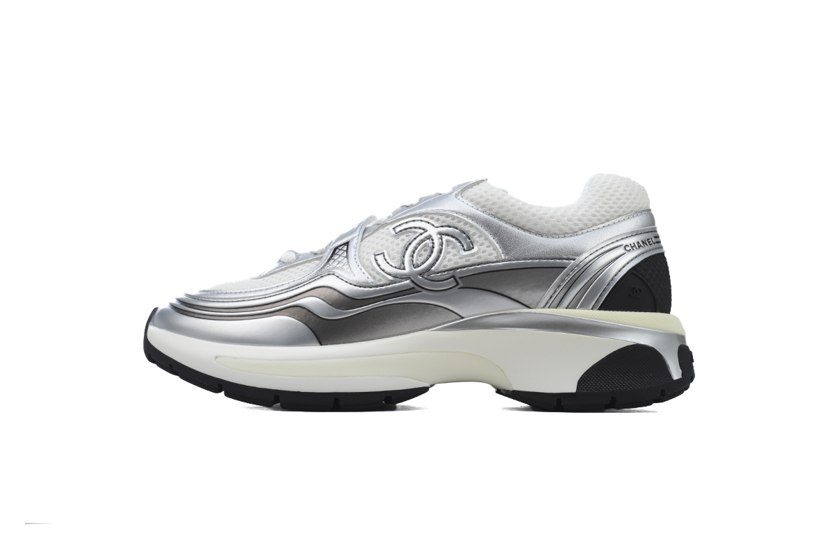 Chanel Fabric Laminated Low Top Sneakers Silver Black