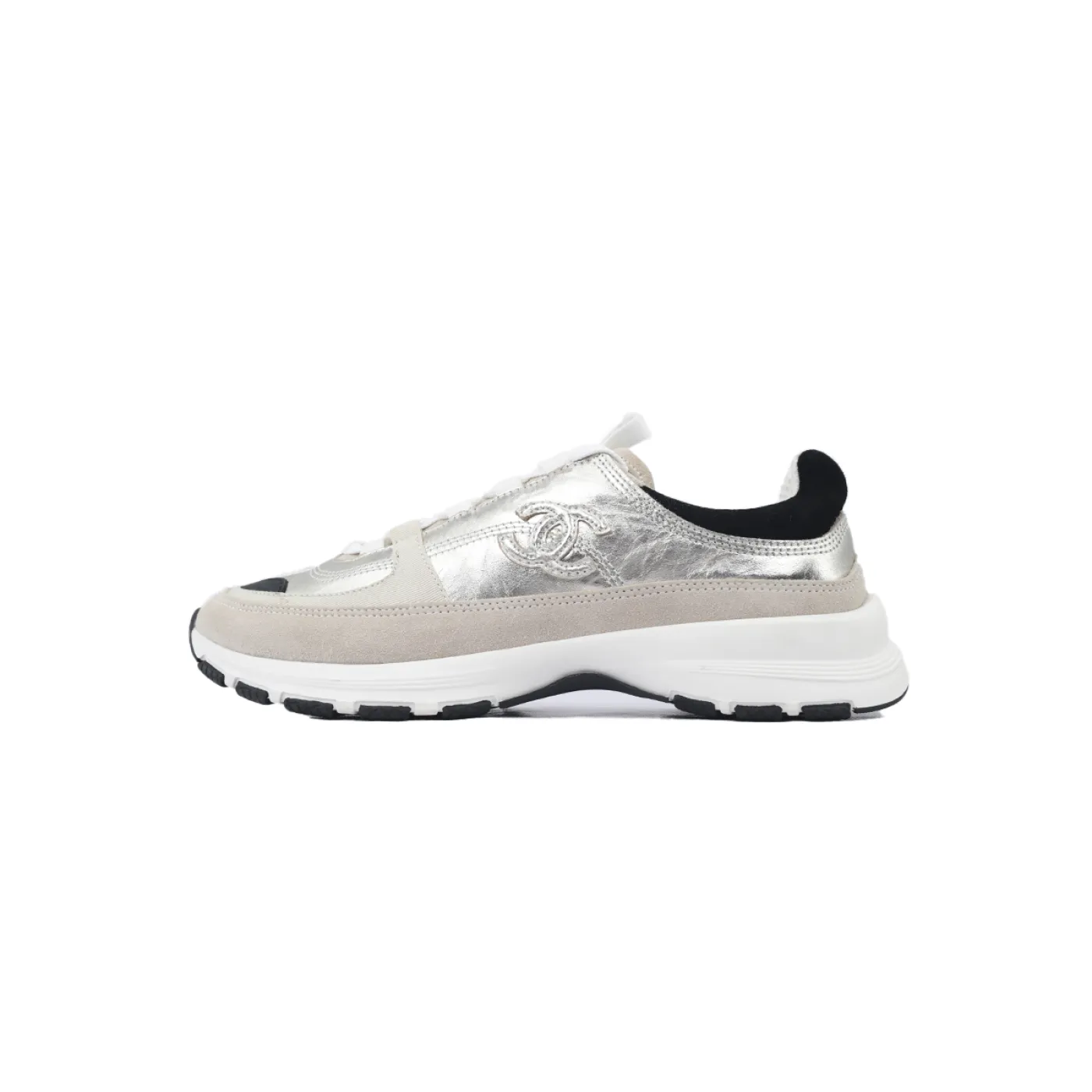 Chanel Interlocking CC Logo Laminated Calfskin & Suede Calfskin Sneakers Light Gold, Light Gray Black