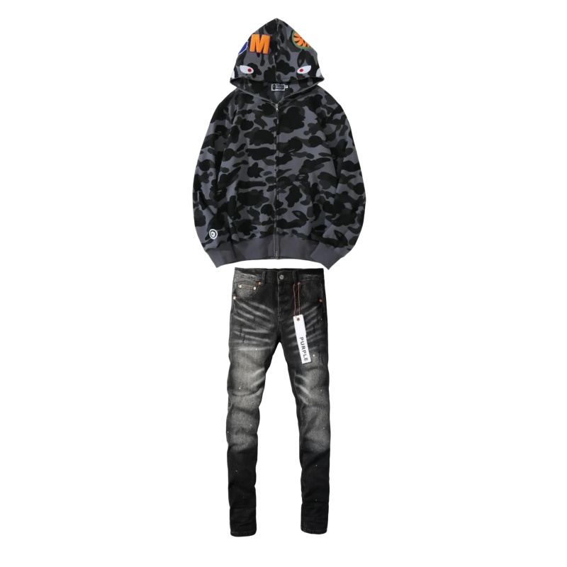 BAPE Color Camo Shark Zip Hoodie Black + Purple Brand Jeans YZ072444
