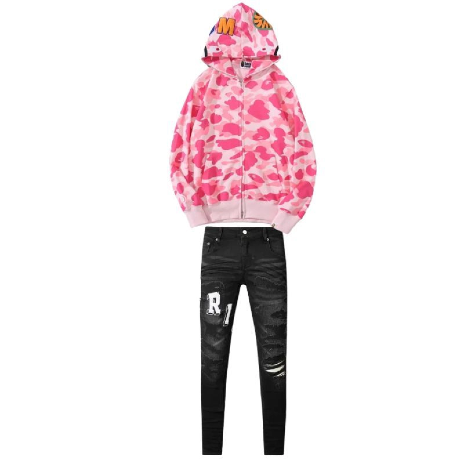 BAPE Color Camo Shark Zip Hoodie Pink+Amiri Jeans