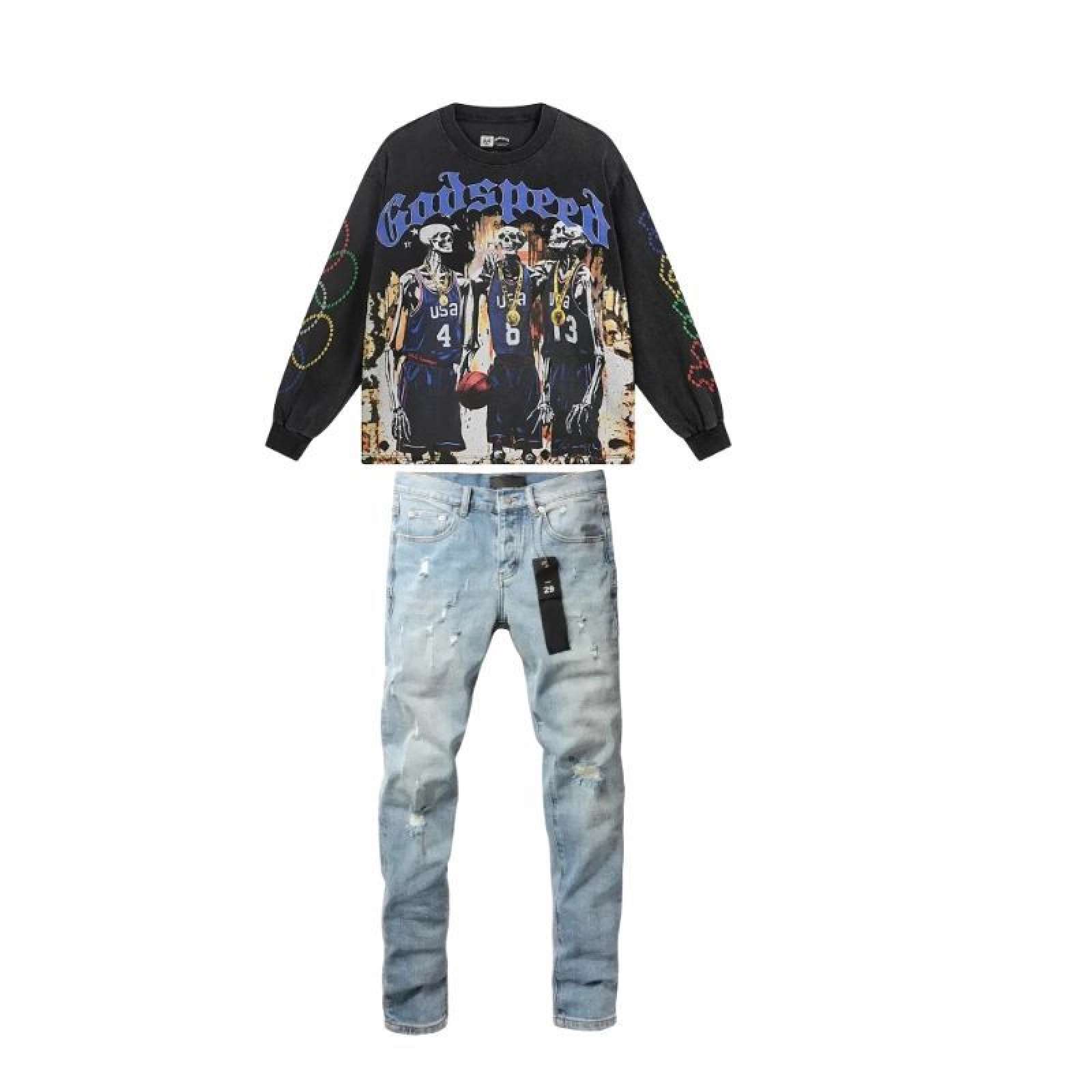 Godspeed Dream Team Long Sleeve T-shirt Black Wash+Purple Brand Fashion Men Jeans
