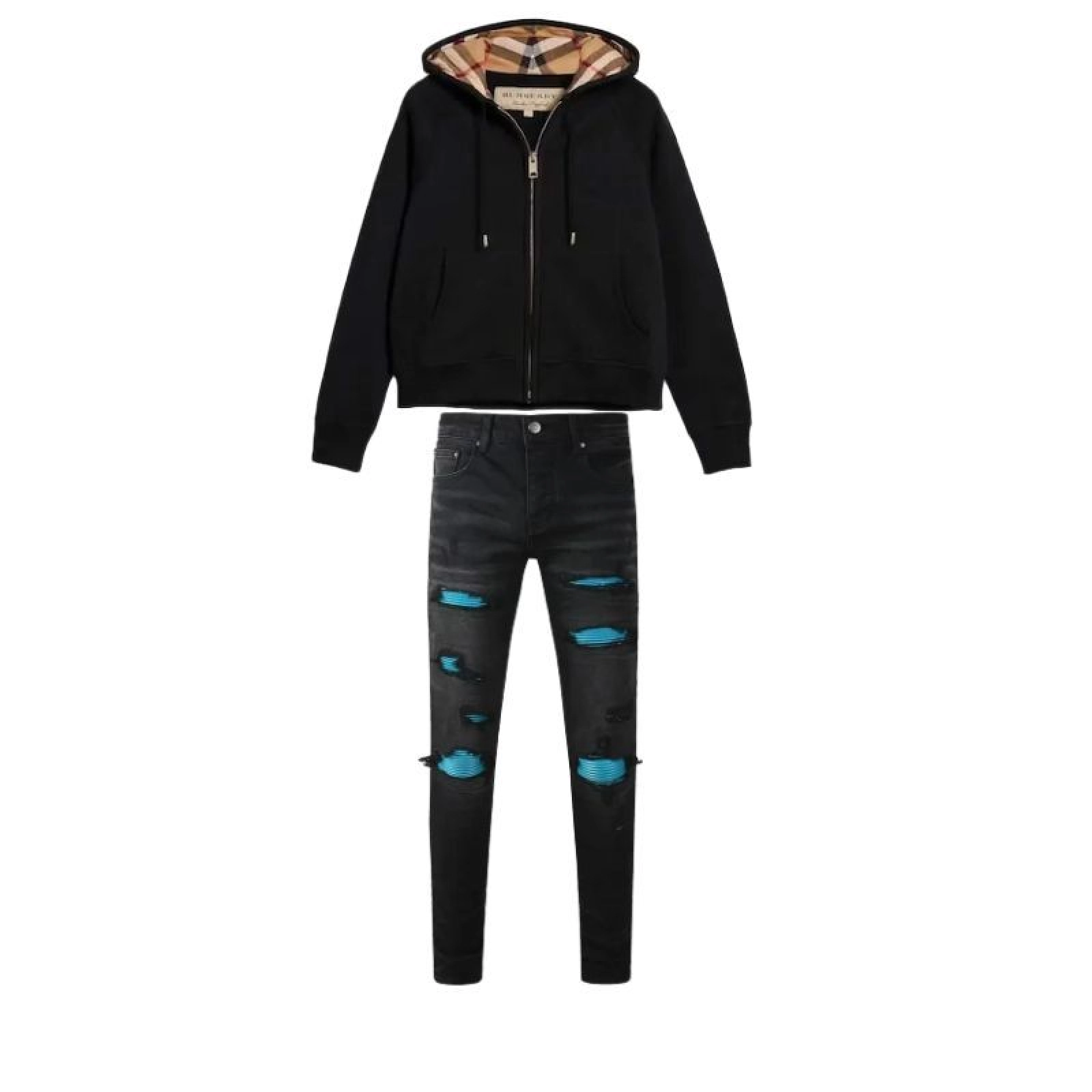 Burberry Zip Up Hoodie With Check Hood Black/Brich Brown+Amiri Jeans